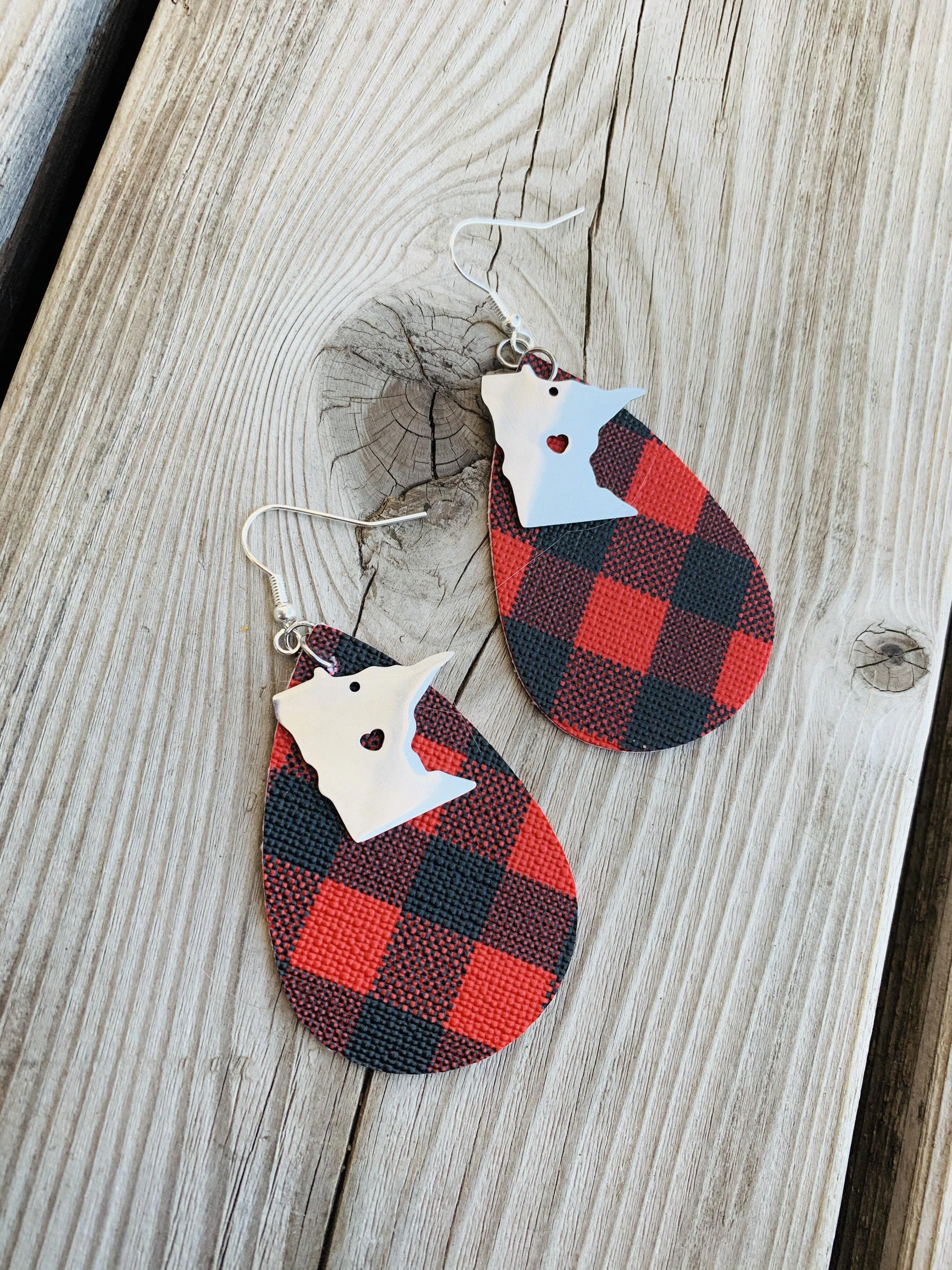 State earrings | Buffalo plaid-Sterling silver charm | Any state | Handmade in Minnesota | Leather teardrops with fish hooks