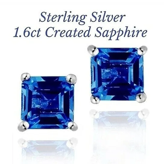 Sterling Silver 1.6 Created Sapphire Square Shape Stud Earring