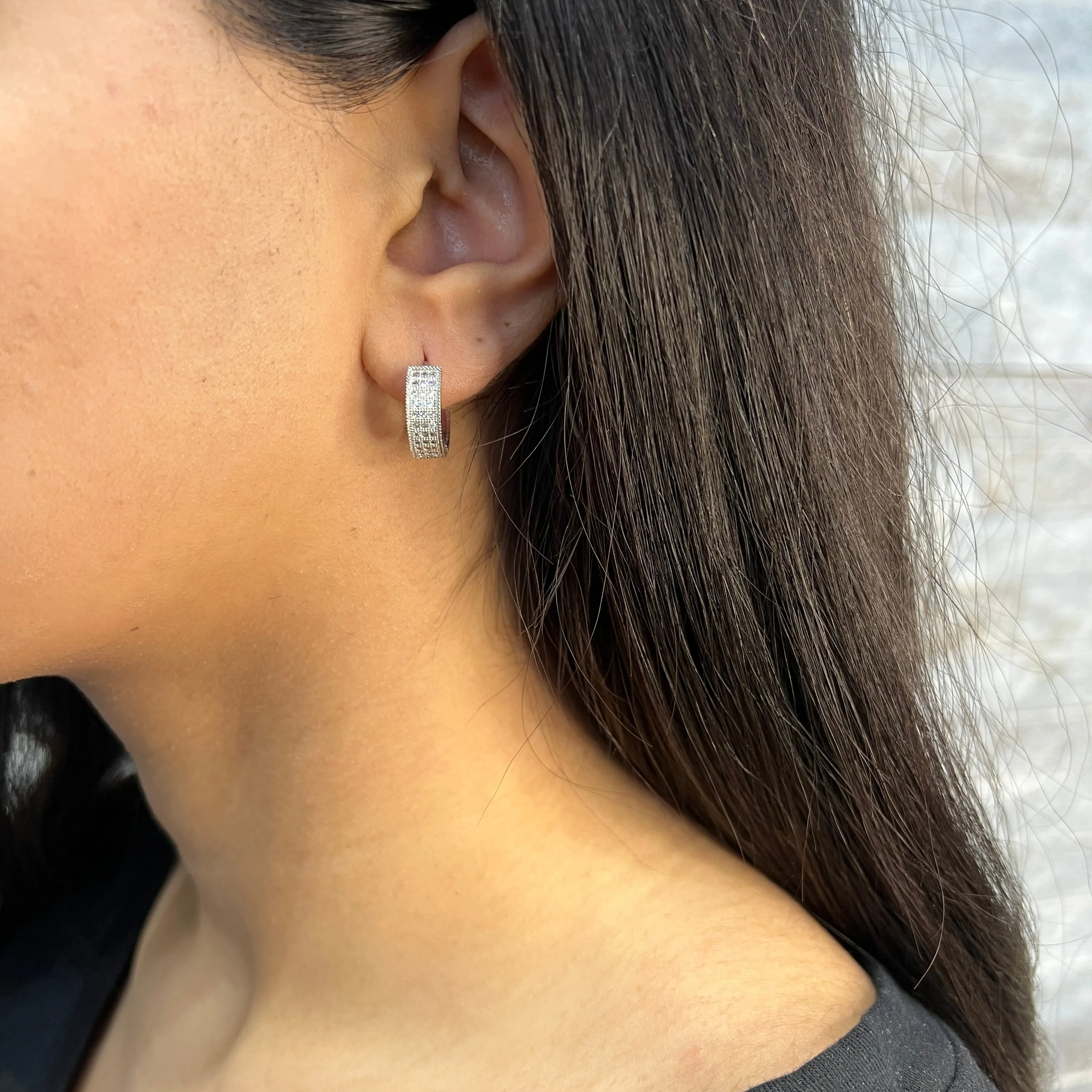 Sterling Silver (16mm) Pavee Set CZ Huggie Earrings