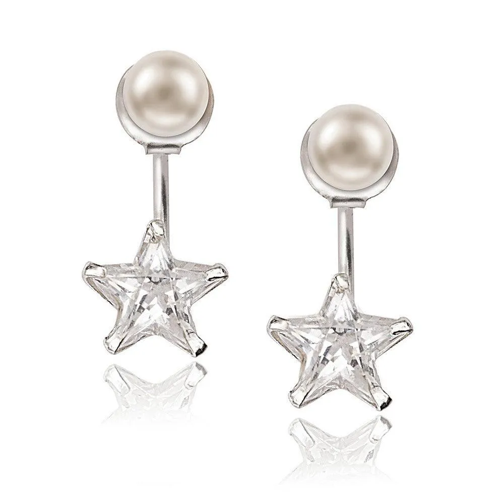 Sterling Silver 5mm Pearl Front with 9mm Star Shaped CZ Back Earrings