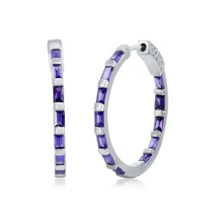 Sterling Silver Amethyst Purple Baguette Cubic Zirconia Hoop Earrings (97647)