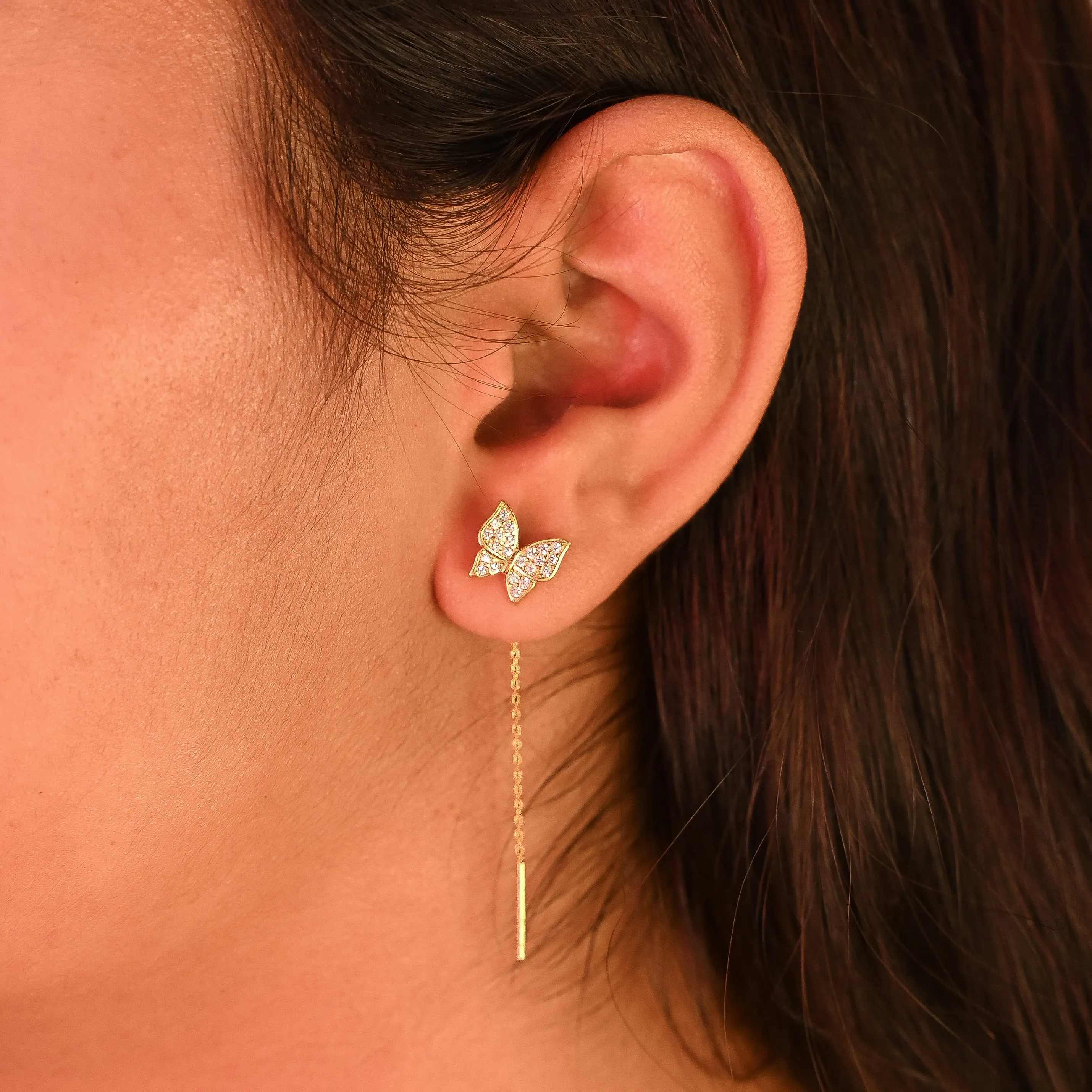 Sterling Silver and Gold-Plated Butterfly Earrings with Drop Chain Stylish