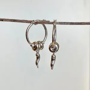 Sterling Silver Cornicello Italian Horn Charm Hoop Earrings