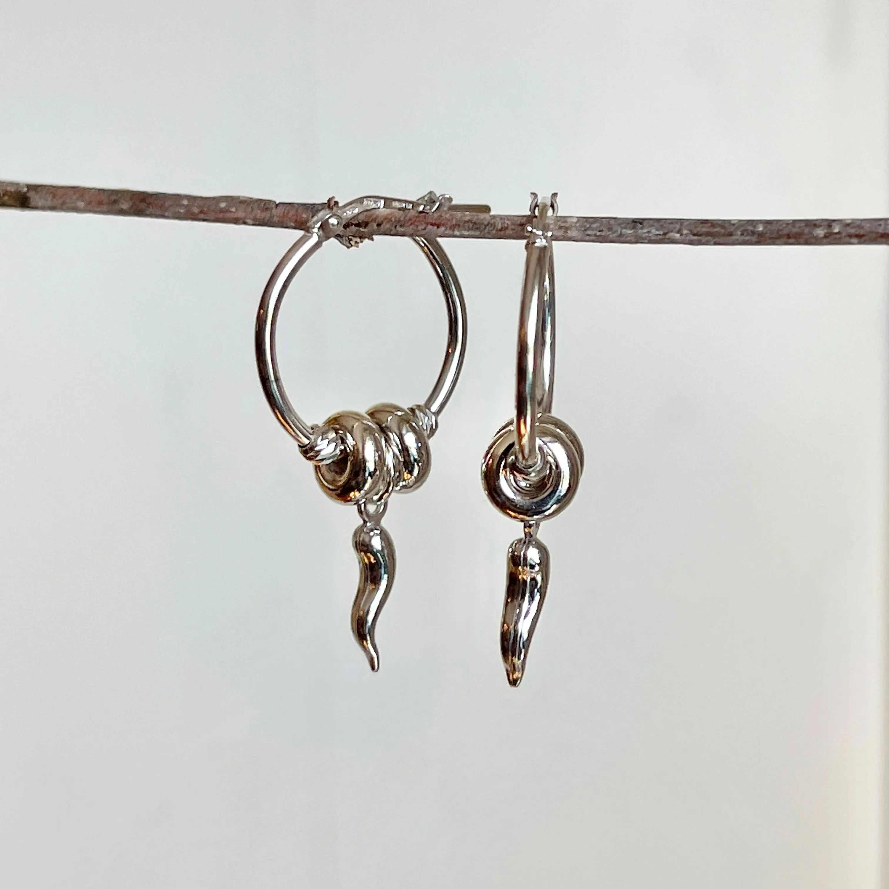 Sterling Silver Cornicello Italian Horn Charm Hoop Earrings