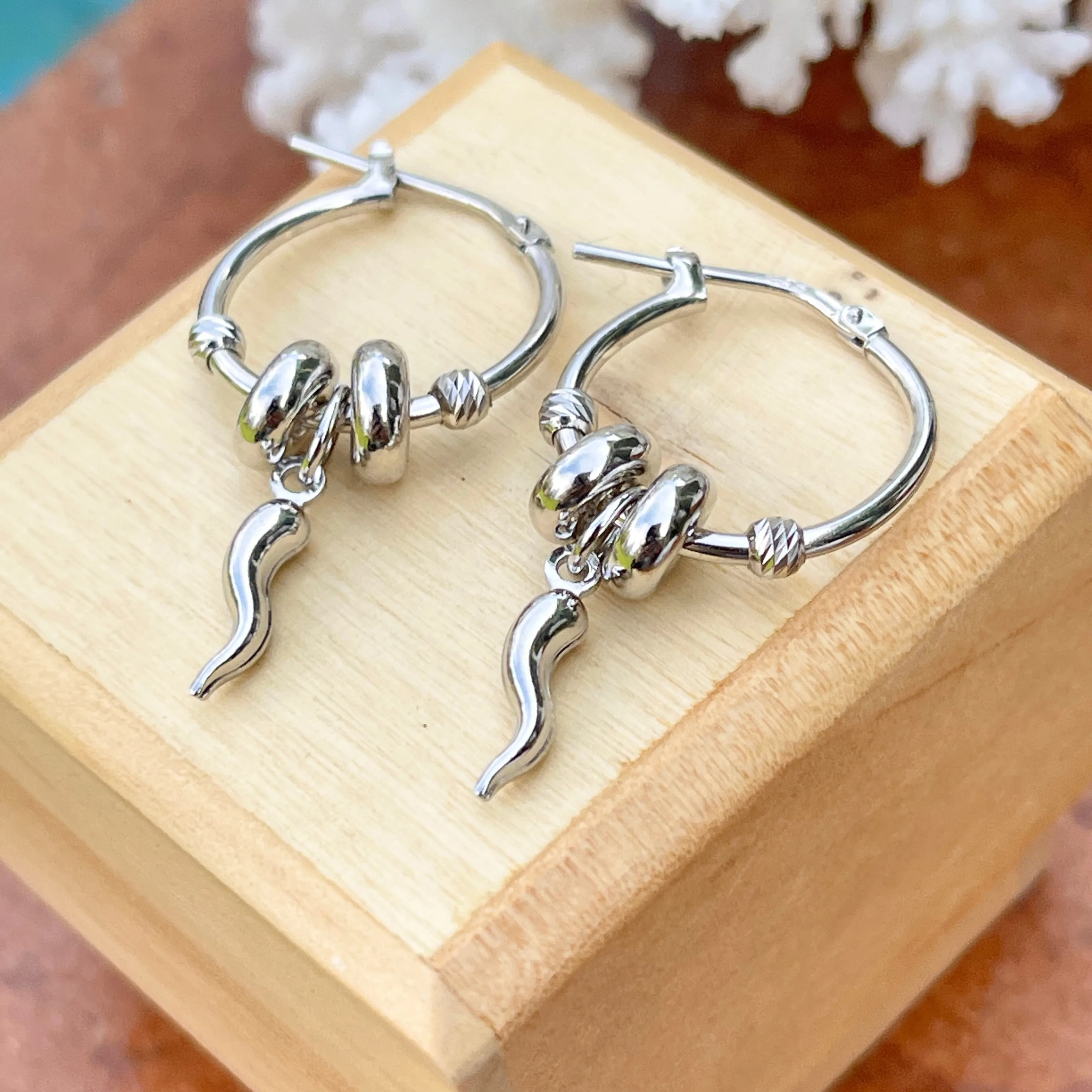 Sterling Silver Cornicello Italian Horn Charm Hoop Earrings