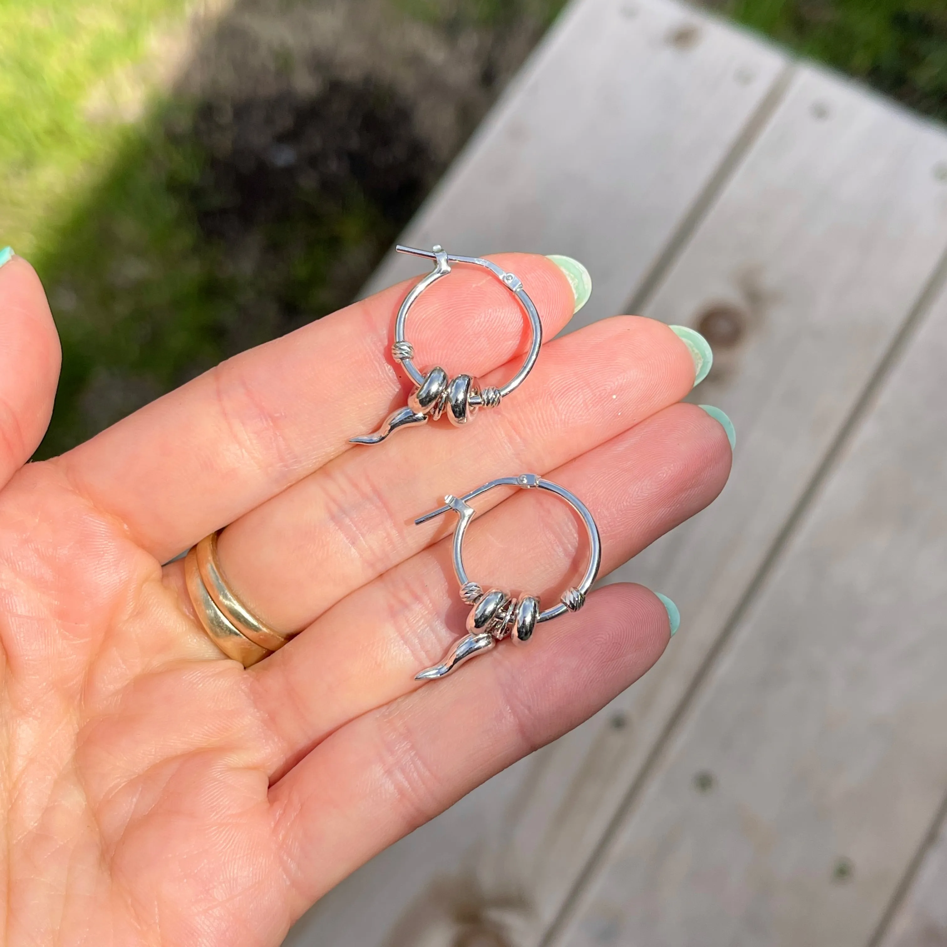 Sterling Silver Cornicello Italian Horn Charm Hoop Earrings