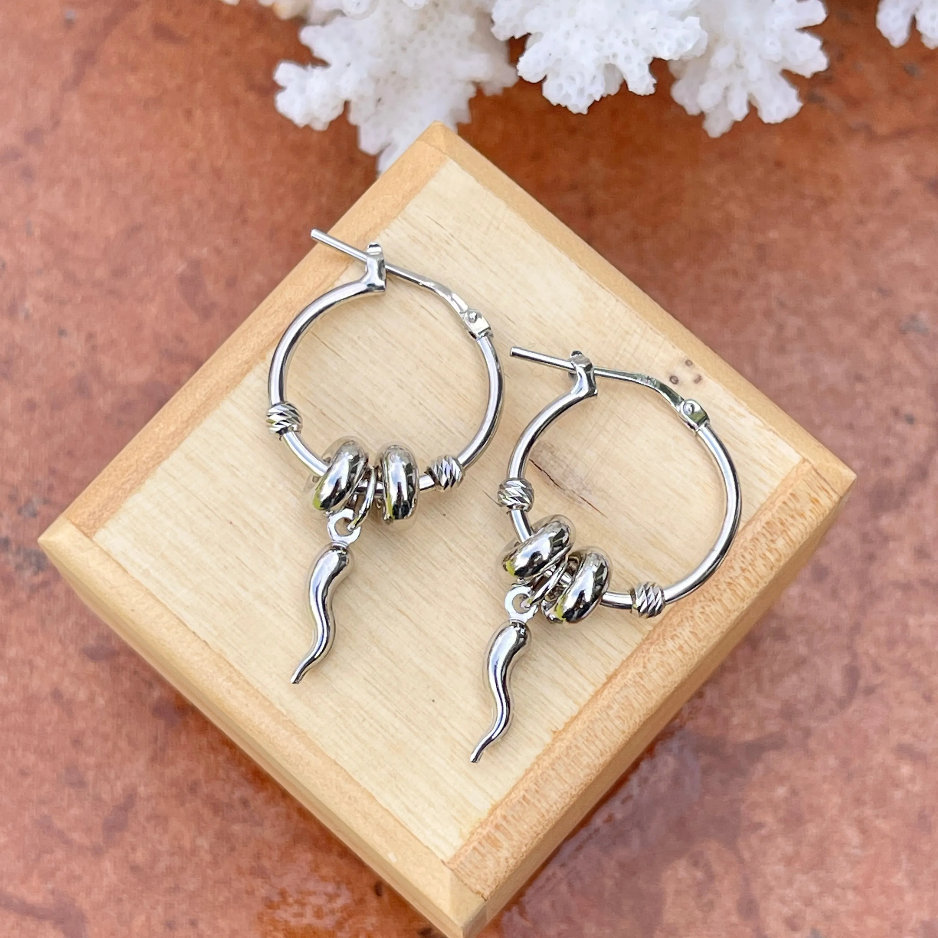 Sterling Silver Cornicello Italian Horn Charm Hoop Earrings