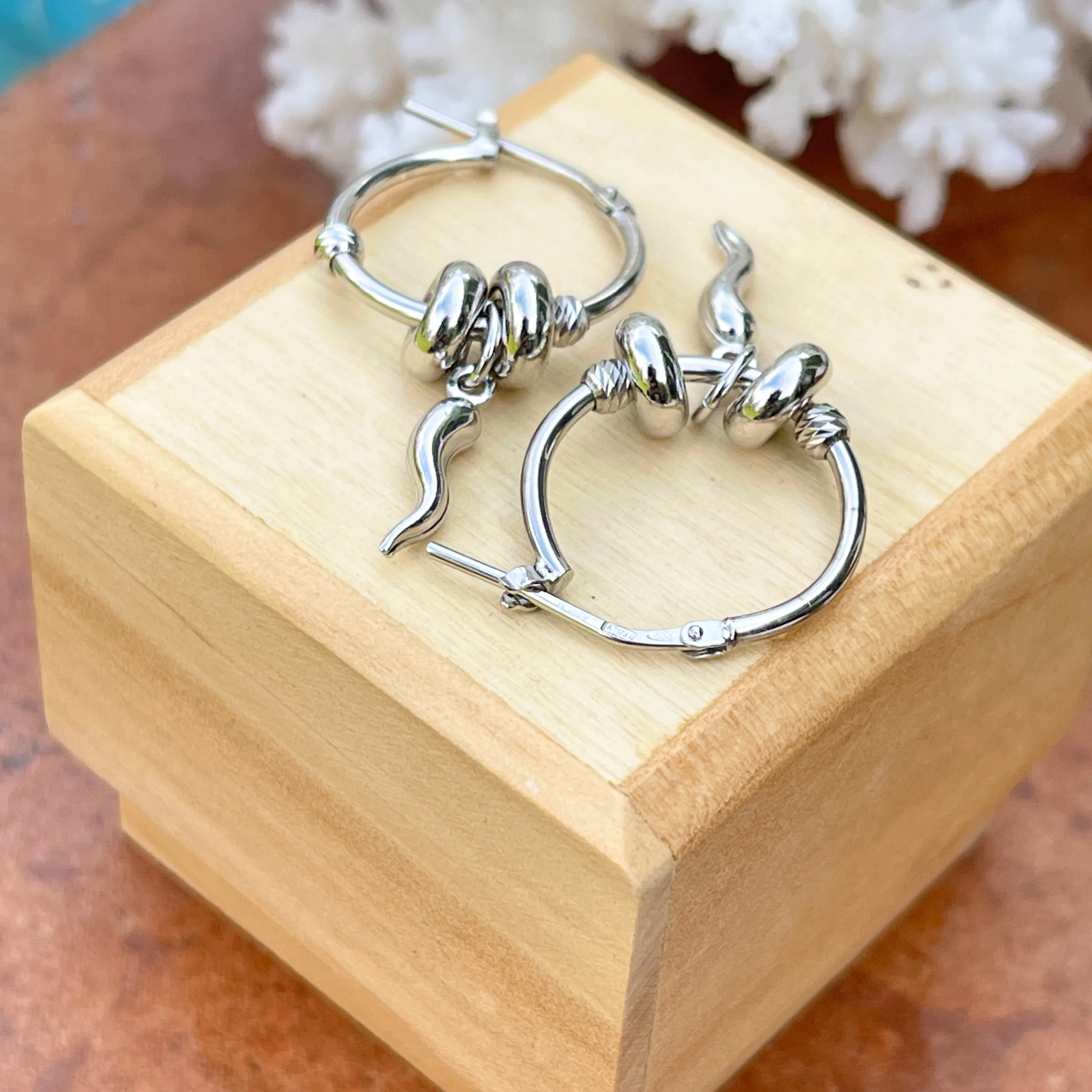 Sterling Silver Cornicello Italian Horn Charm Hoop Earrings