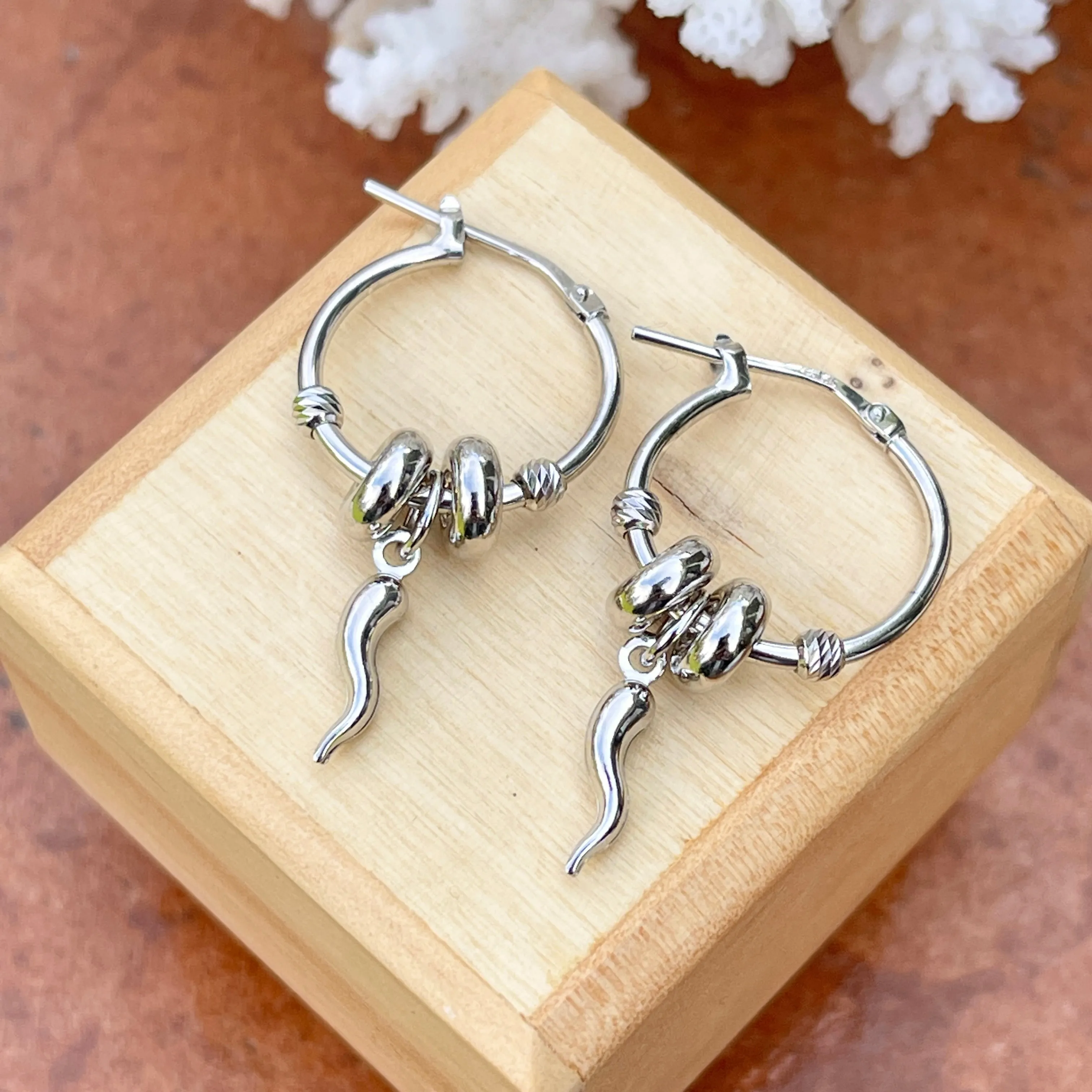 Sterling Silver Cornicello Italian Horn Charm Hoop Earrings