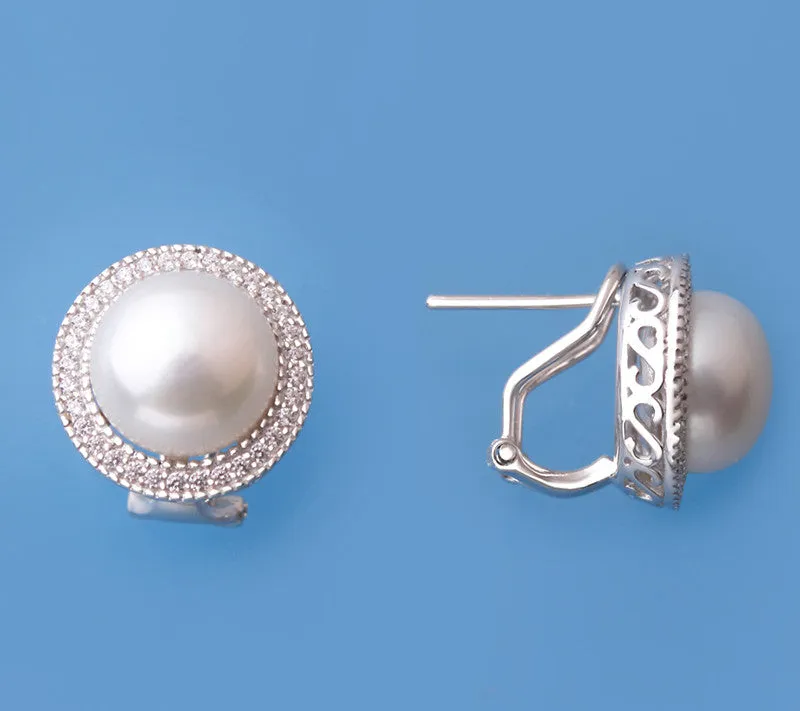 Sterling Silver Earrings with 10-10.5mm Button Shape Freshwater Pearl and Cubic Zirconia