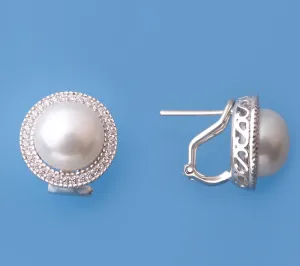 Sterling Silver Earrings with 10-10.5mm Button Shape Freshwater Pearl and Cubic Zirconia