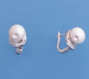 Sterling Silver Earrings with 10-10.5mm Button Shape Freshwater Pearl and Cubic Zirconia