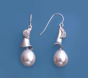 Sterling Silver Earrings with 10-10.5mm Drop Shape Freshwater Pearl and Cubic Zirconia