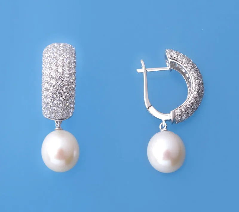 Sterling Silver Earrings with 10.5-11mm Drop Shape Freshwater Pearl and Cubic Zirconia