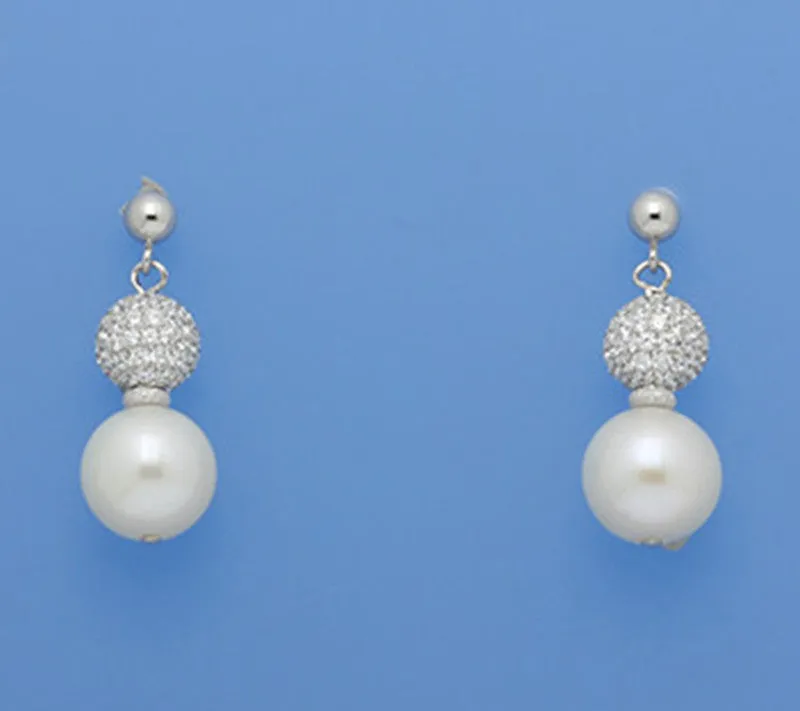 Sterling Silver Earrings with 10.5-11mm Round Shape Freshwater Pearl and Cubic Zirconia