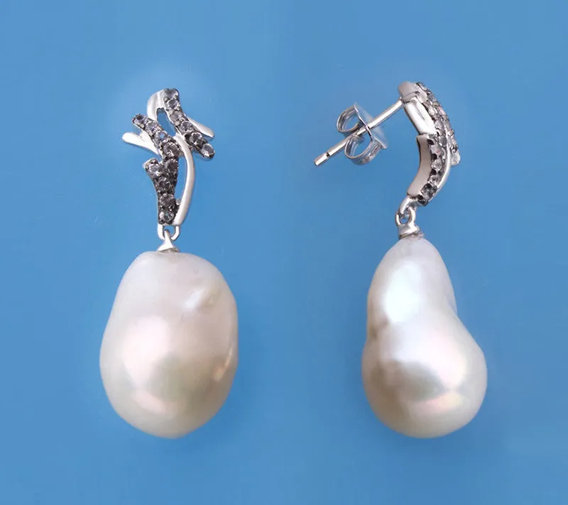 Sterling Silver Earrings with 14-15mm Baroque Shape Freshwater Pearl and Black Spinel