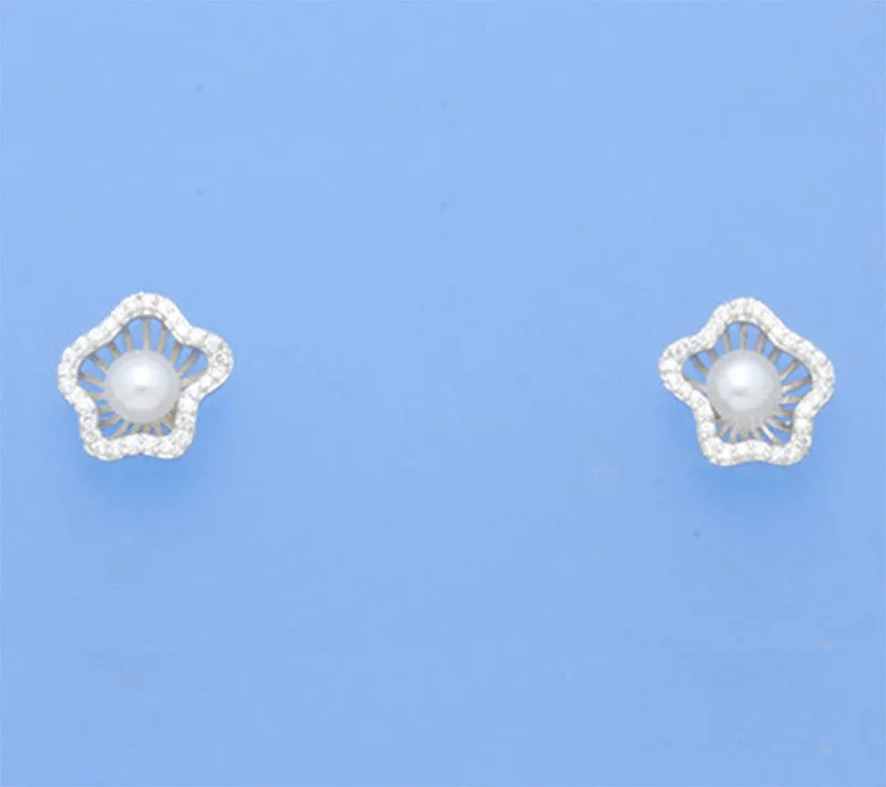 Sterling Silver Earrings with 4-4.5mm Button Shape Freshwater Pearl and Cubic Zirconia
