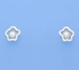 Sterling Silver Earrings with 4-4.5mm Button Shape Freshwater Pearl and Cubic Zirconia