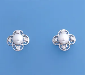Sterling Silver Earrings with 5.5-6mm Button Shape Freshwater Pearl and Cubic Zirconia