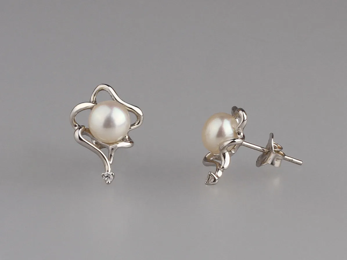 Sterling Silver Earrings with 6.5-7mm Button Shape Freshwater Pearl and Cubic Zirconia