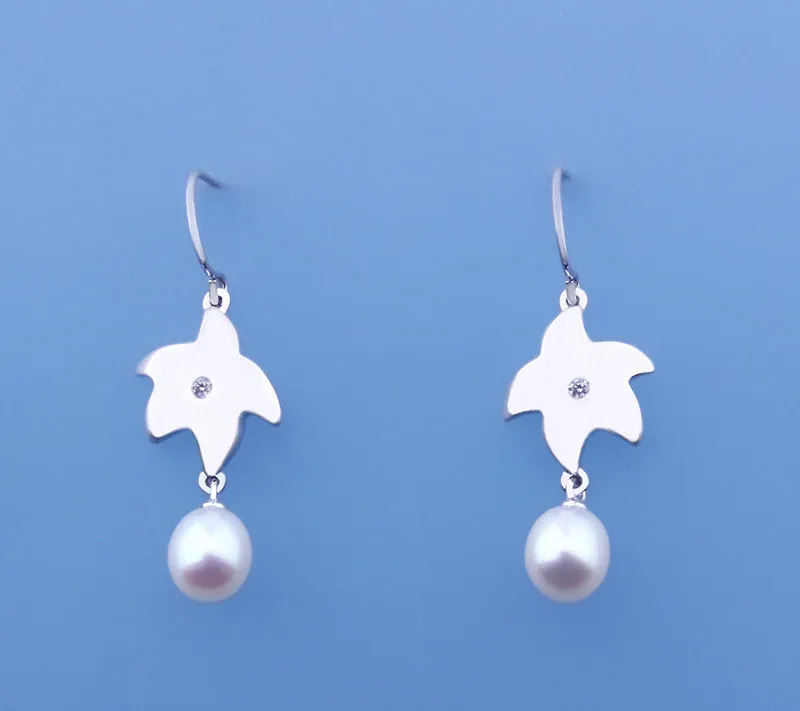 Sterling Silver Earrings with 6.5-7mm Oval Shape Freshwater Pearl and Diamond