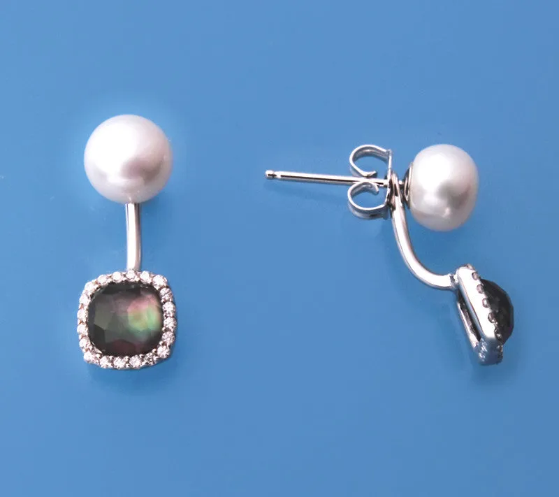 Sterling Silver Earrings with 7-7.5mm Button Shape Freshwater Pearl and Mother of Pearl