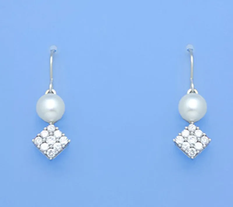 Sterling Silver Earrings with 7.5-8mm Button Shape Freshwater Pearl and Cubic Zirconia