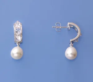 Sterling Silver Earrings with 8-8.5mm Oval Shape Freshwater Pearl and Cubic Zirconia