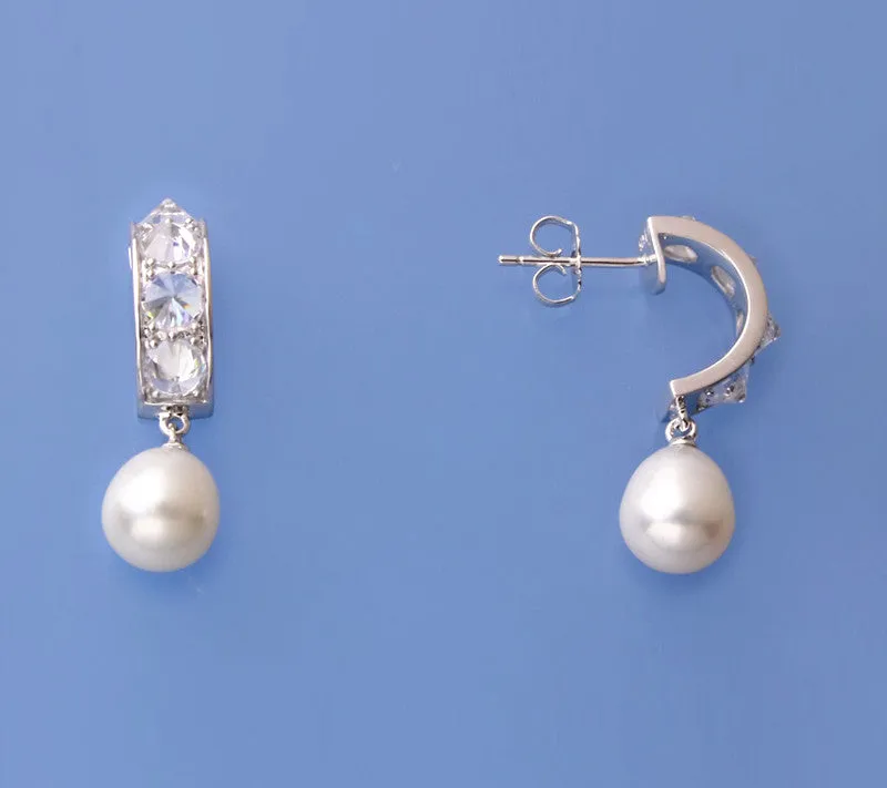 Sterling Silver Earrings with 8-8.5mm Oval Shape Freshwater Pearl and Cubic Zirconia