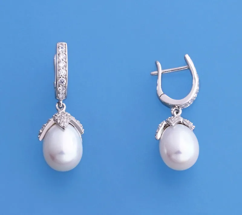Sterling Silver Earrings with 9-9.5mm Drop Shape Freshwater Pearl and Cubic Zirconia