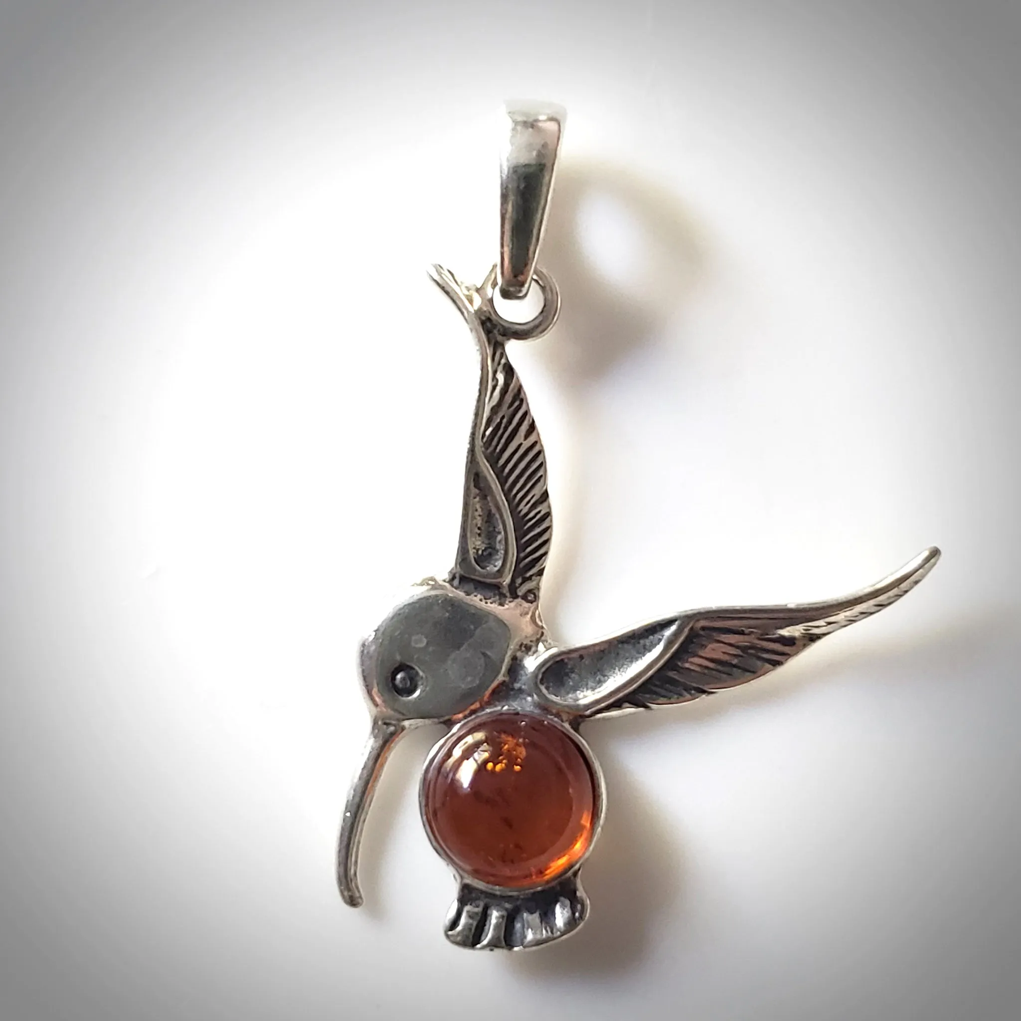 Sterling Silver Hummingbird Pendant with Natural Amber