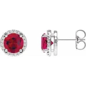 Sterling Silver Lab-Grown Ruby & .05 CTW Natural Diamond Halo-Style Earrings