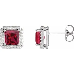 Sterling Silver Lab-Grown Ruby & .08 CTW Natural Diamond Halo-Style Earrings