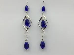 Sterling Silver long open twist drop Earrings- Celtic Knot, cobalt blue crystal
