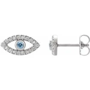 Sterling Silver Natural Aquamarine & Natural White Sapphire Evil Eye Earrings