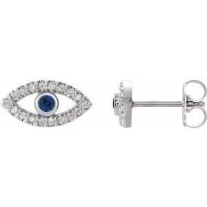 Sterling Silver Natural Blue Sapphire & Natural White Sapphire Evil Eye Earrings