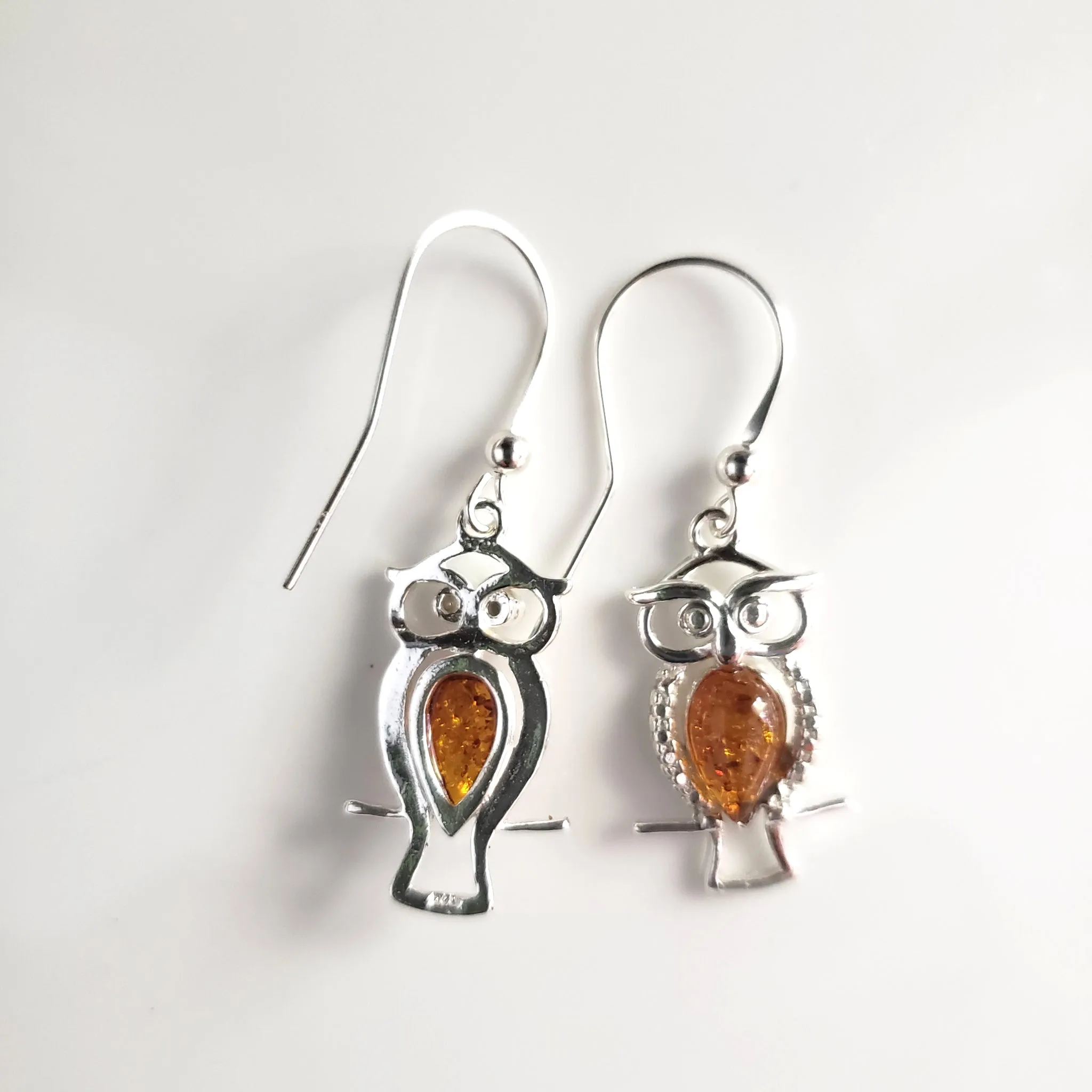 Sterling Silver Owl Earrings with Honey Amber