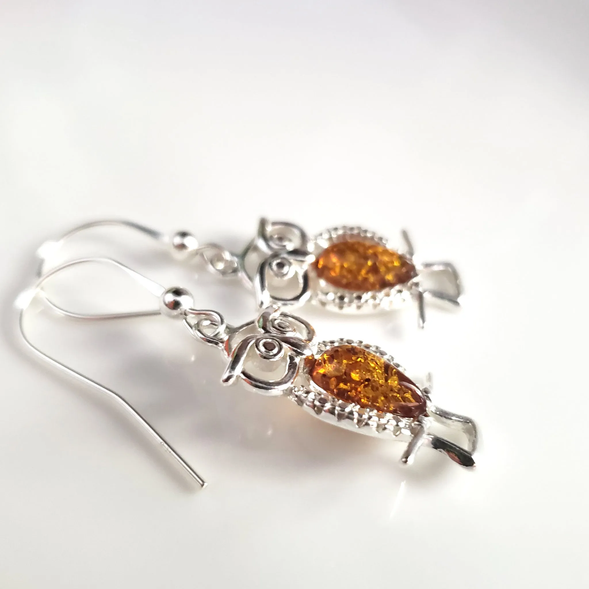 Sterling Silver Owl Earrings with Honey Amber