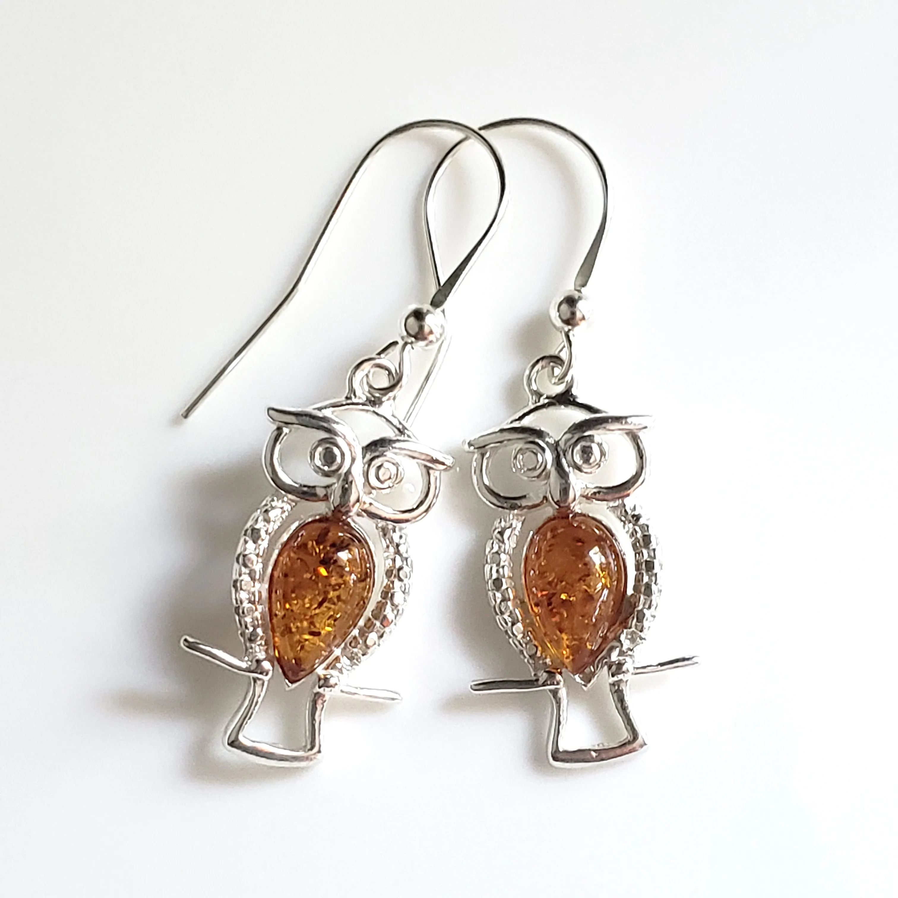 Sterling Silver Owl Earrings with Honey Amber