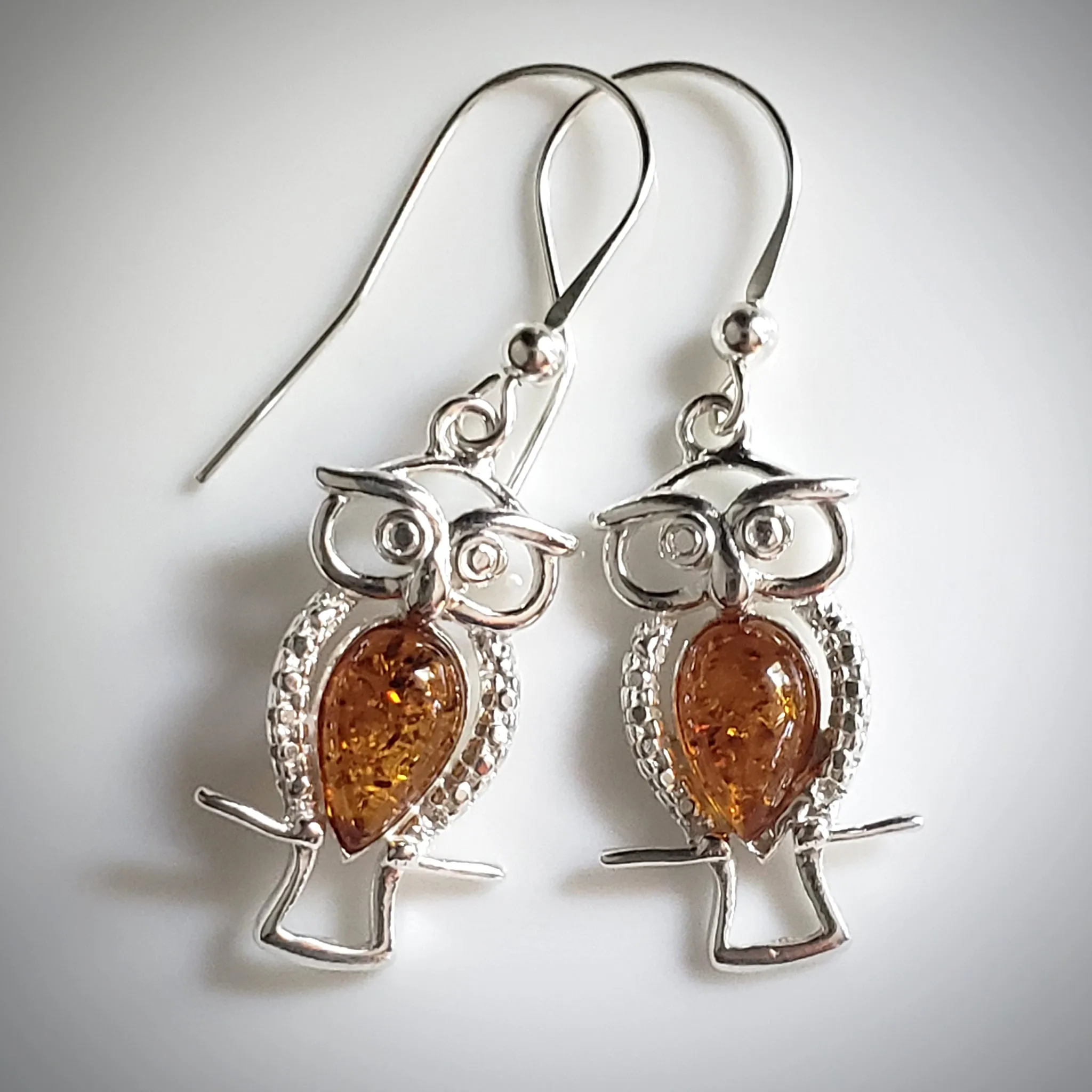 Sterling Silver Owl Earrings with Honey Amber