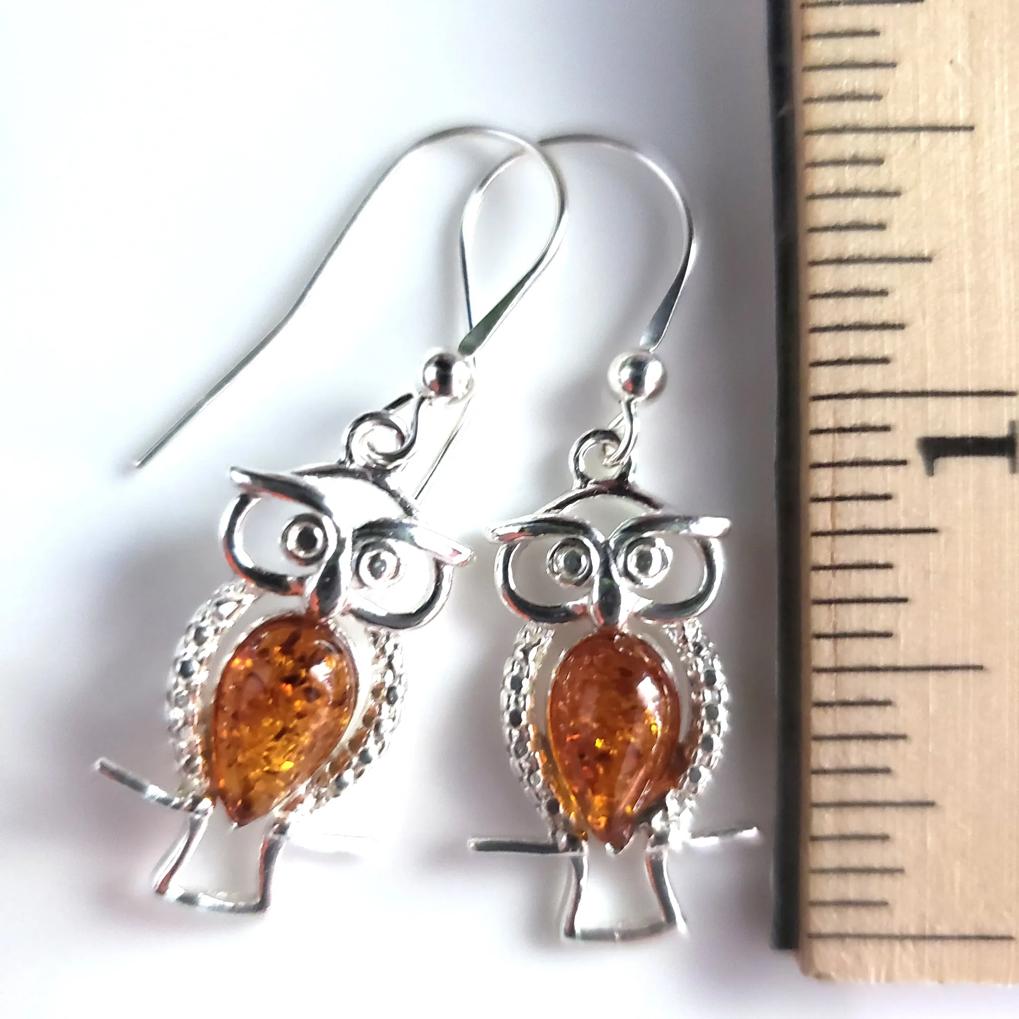 Sterling Silver Owl Earrings with Honey Amber