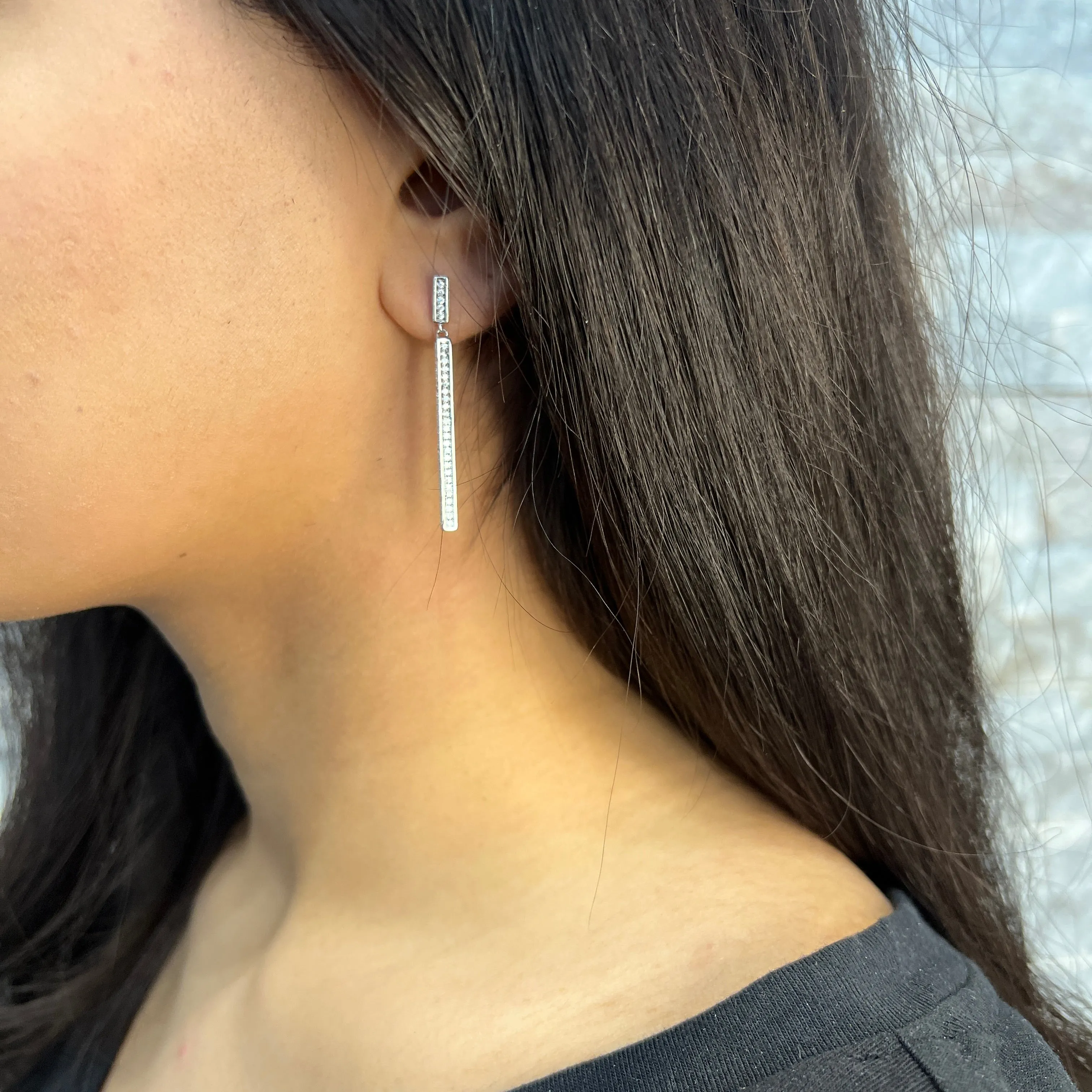 Sterling Silver Rhodium Plated CZ Bar Dangle Earrings