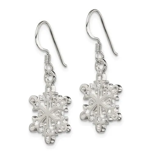 Sterling Silver Rhodium Plated CZ Snowflake Dangle Earrings
