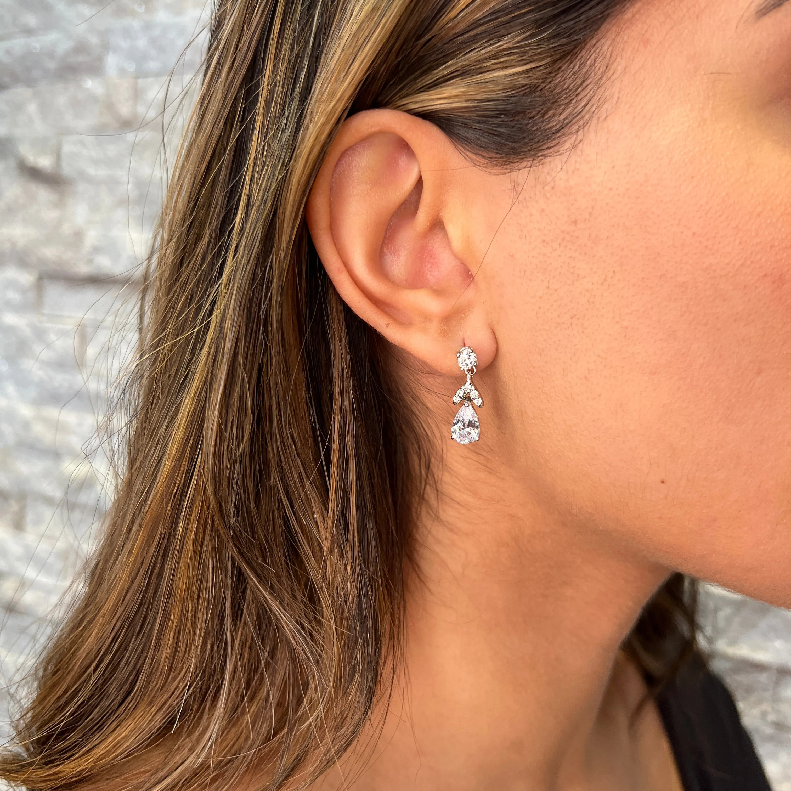 Sterling Silver Rhodium Plated Fancy CZ Dangle Earrings