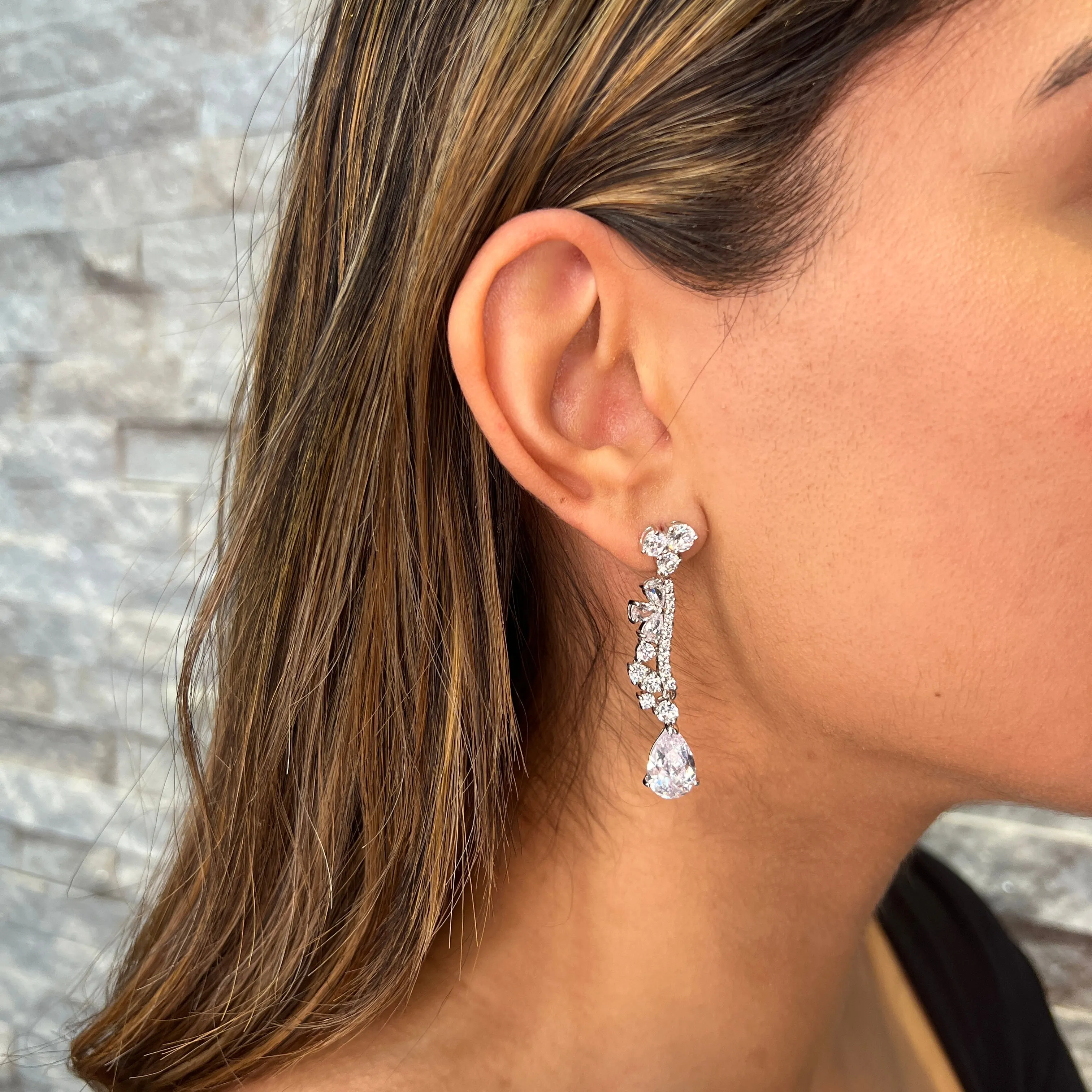 Sterling Silver Rhodium Plated Fancy CZ Dangle Earrings