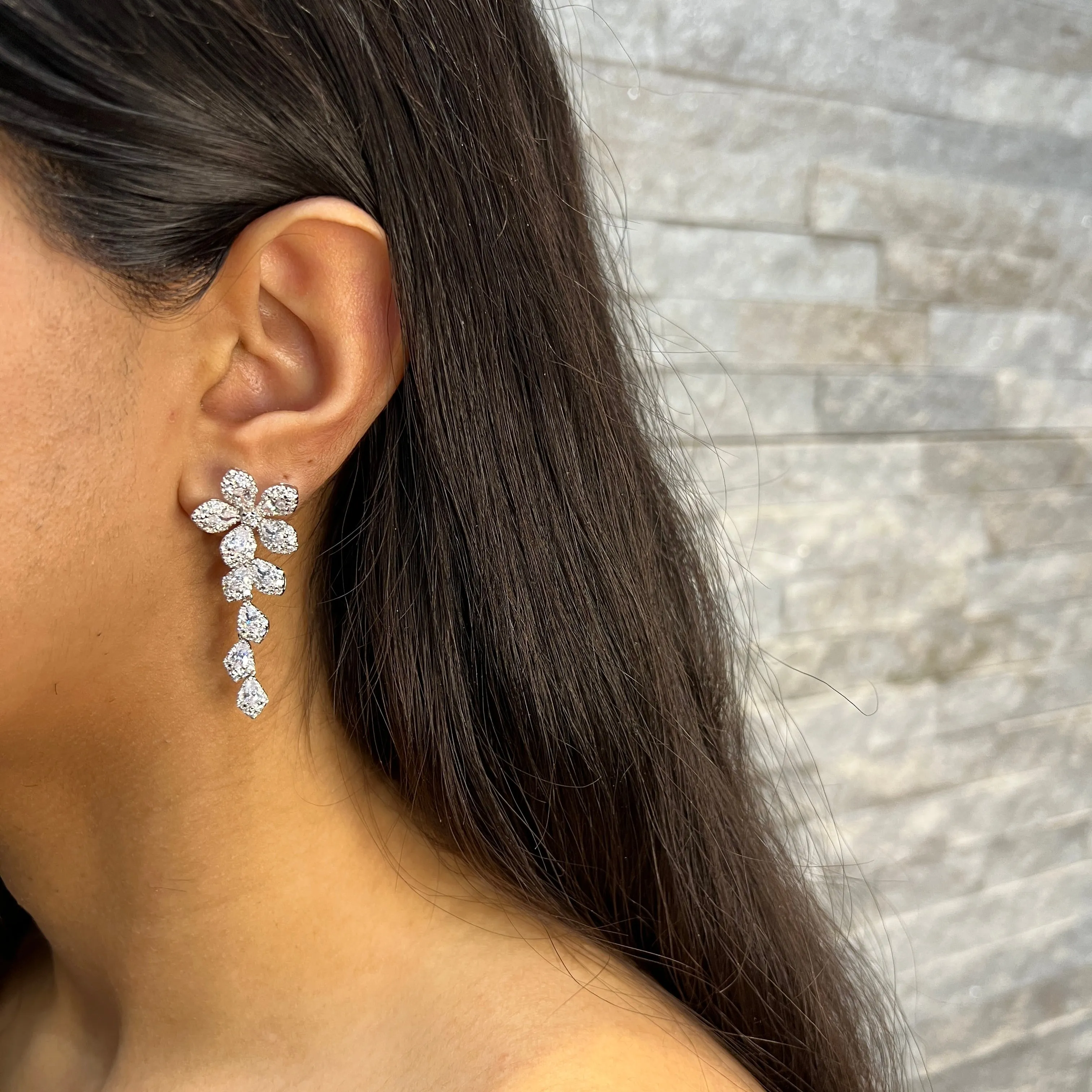 Sterling Silver Rhodium Plated Fancy CZ Floral Dangle Earrings