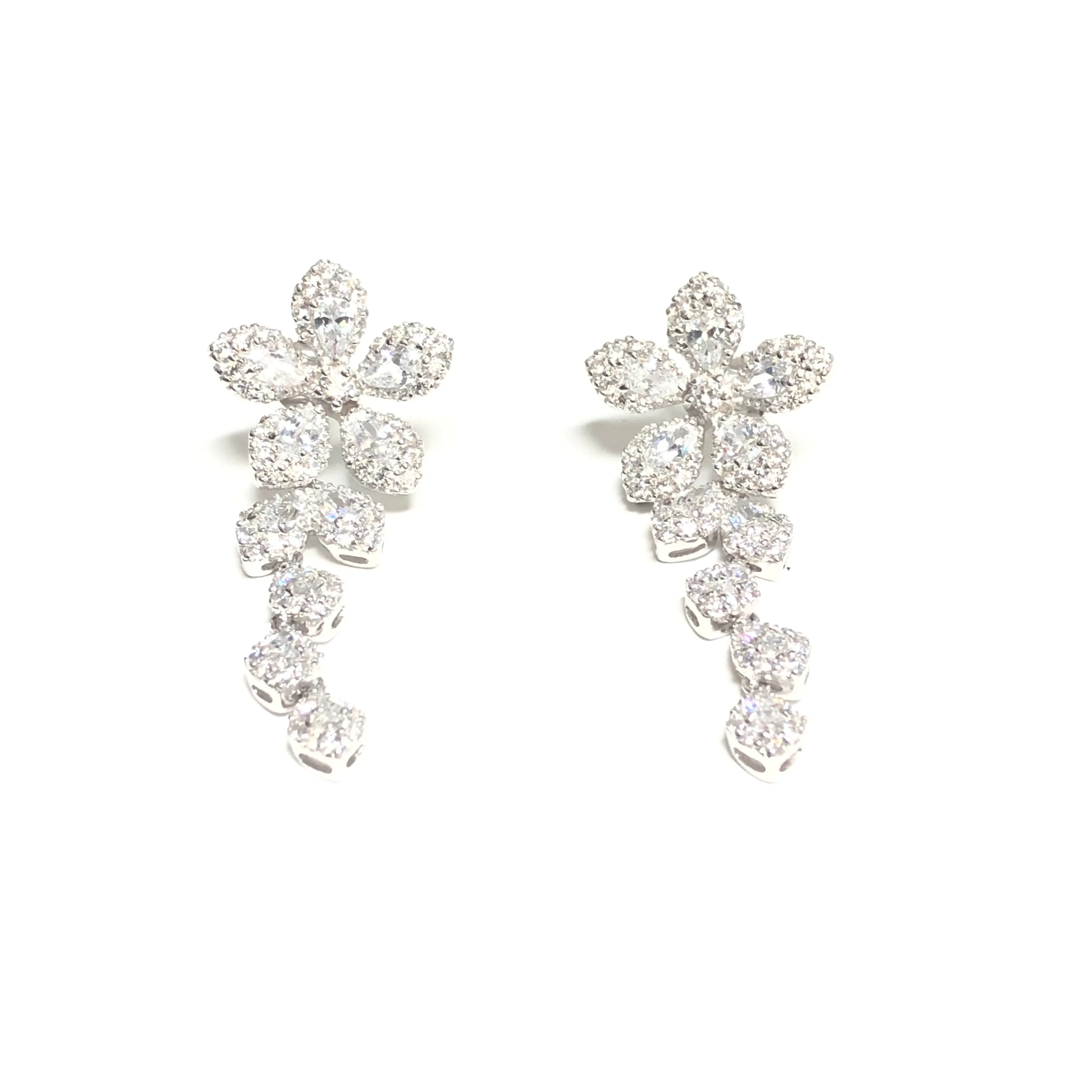 Sterling Silver Rhodium Plated Fancy CZ Floral Dangle Earrings