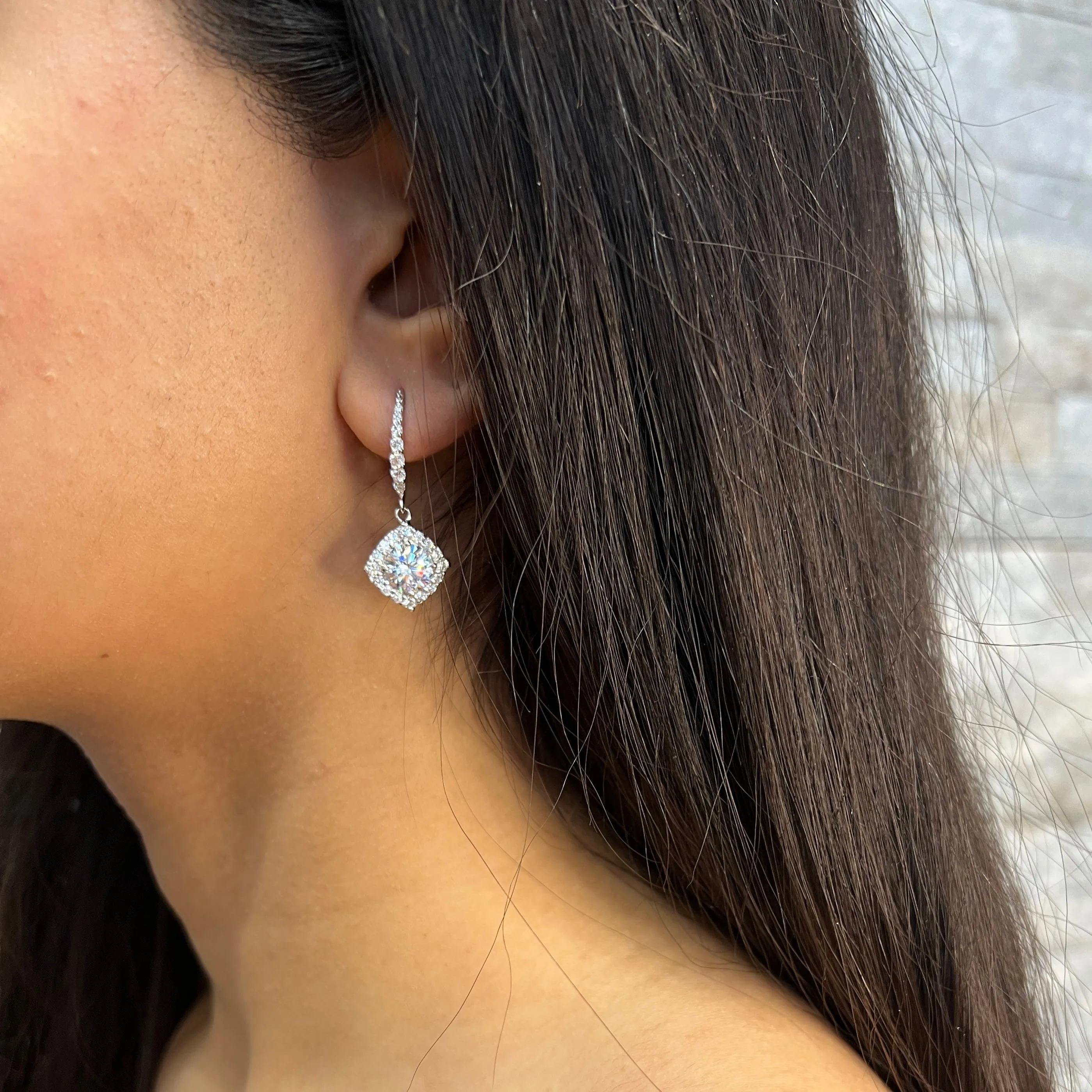 Sterling Silver Rhodium Plated Fancy Halo Dangle Earrings