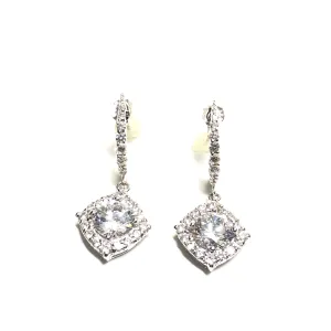 Sterling Silver Rhodium Plated Fancy Halo Dangle Earrings