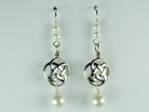 Sterling Silver Round Celtic Knot dangle earrings- glass "pearls" ,knots